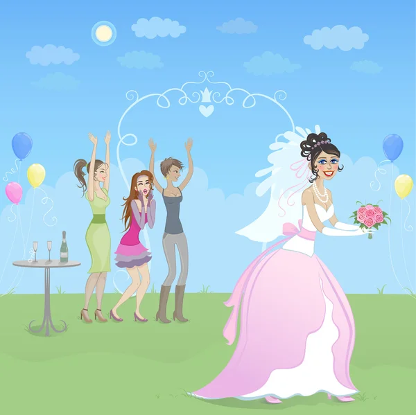Happy bride with friends — Stock Vector