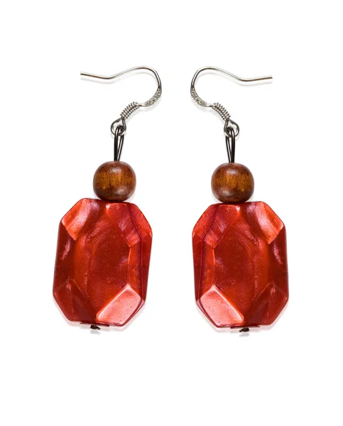 Earrings garnet color of glass and wood — Stock Photo, Image