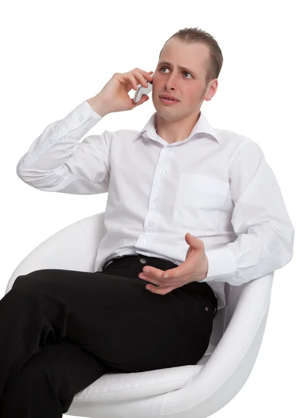 Egy üzletember a beszélgetés a telefon megoldja a problémát — Stock Fotó