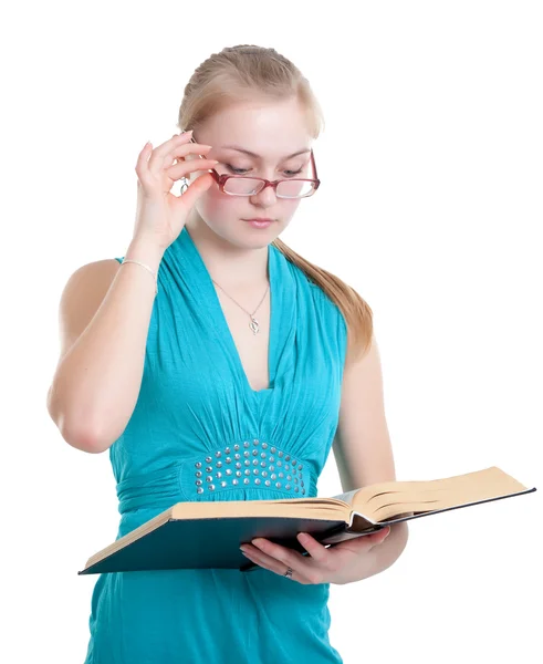 Mladá dívka v brýlích s knihou — Stock fotografie
