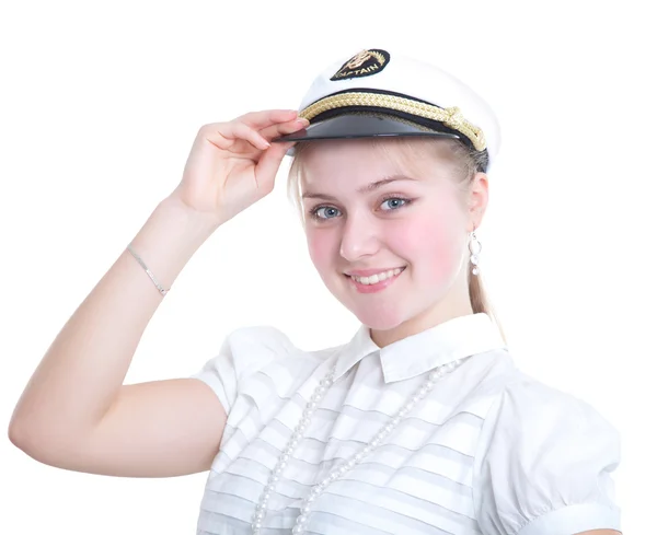 선장의 모자에서 아름 다운 소녀 — 스톡 사진