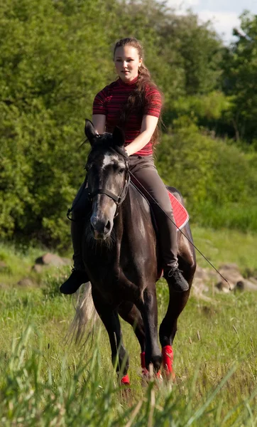 Девушка верхом на лошади на галопе — стоковое фото