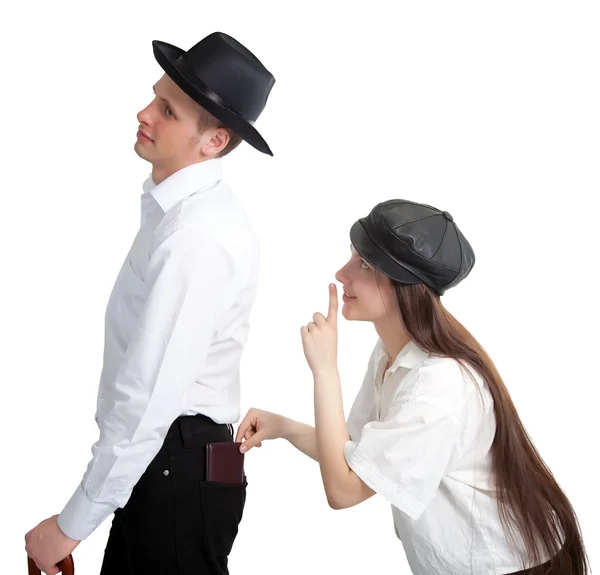 A thief steals a purse from an inattentive gentleman — Stock Photo, Image