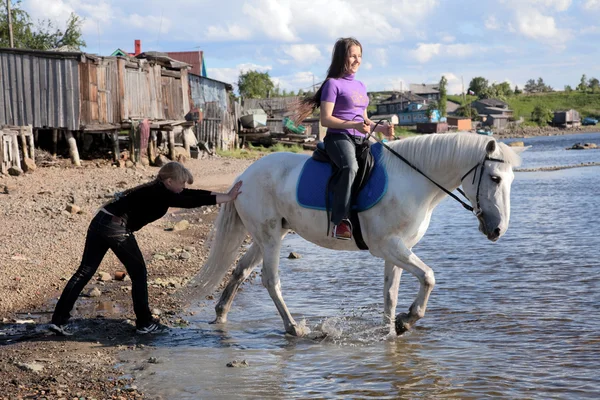 Weibchen führen ein Pferd zum Schwimmen — Stockfoto