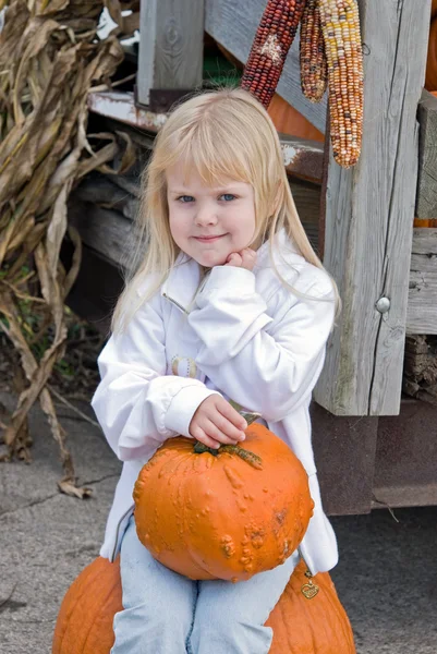 Girl sitting on a pumpkin — Stock Photo, Image