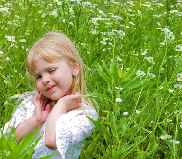 Menina no campo flores silvestres — Fotografia de Stock