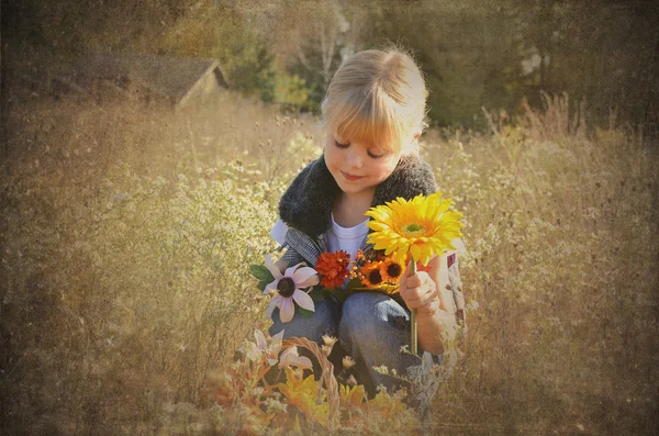 Doce criança no campo de outono — Fotografia de Stock