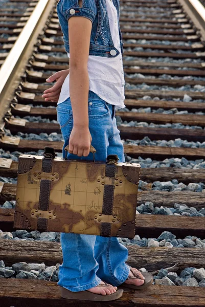 Girl with old suitcase — Stock Photo, Image