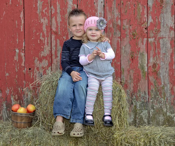 Siblings on Hay Bale — Stock Photo, Image
