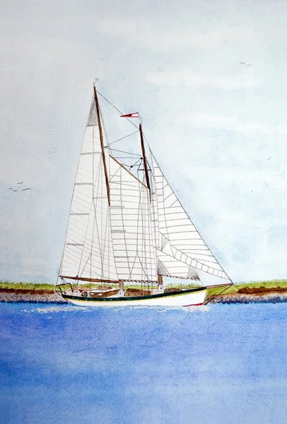 Plachetní loď v akvarel — Stock fotografie