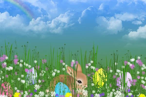 Królik w trawie z jaj — Zdjęcie stockowe