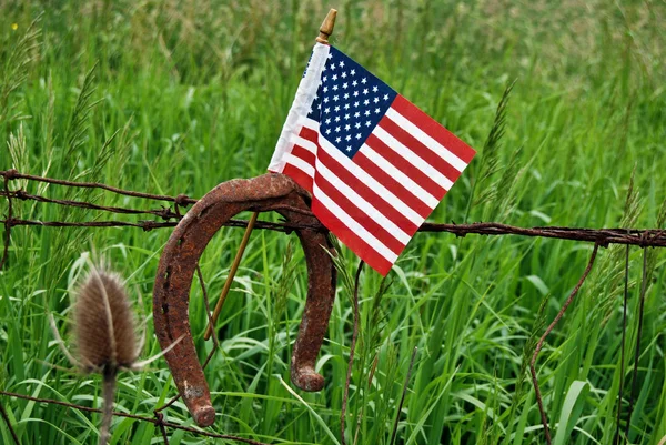 Ferro di cavallo e bandiera su filo spinato — Foto Stock