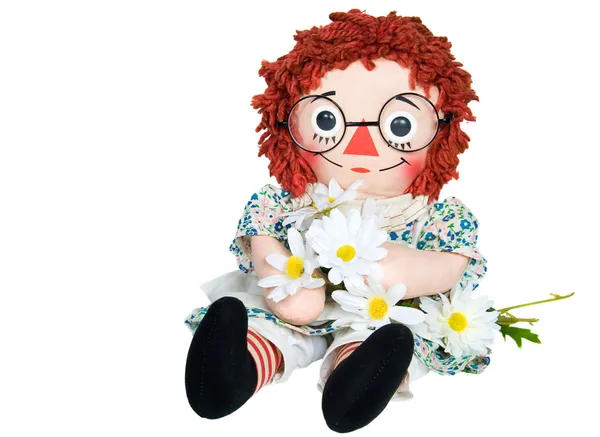 Тряпичная кукла с ромашками — стоковое фото