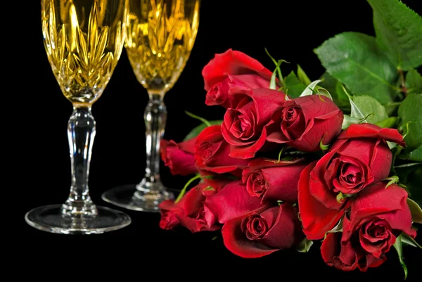 Roses and champagne — Stock Photo, Image