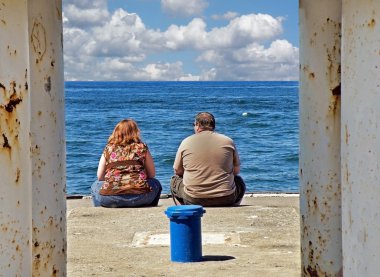 Overweight couple on pier clipart