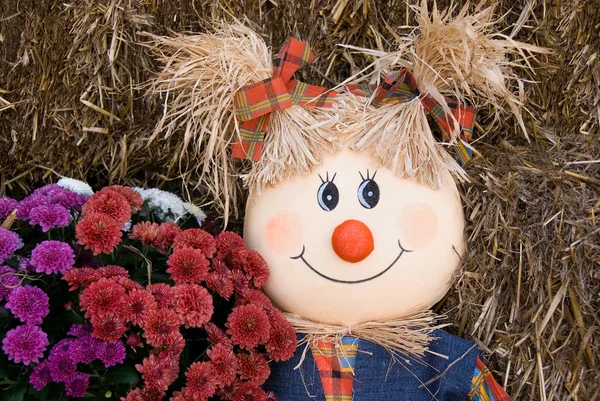 Scarecrow girl with fall mums — Stock Photo, Image