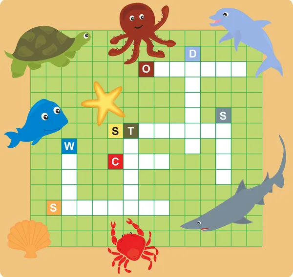 Meerestierpuzzle (Kreuzworträtsel), Wortspiel für Kinder — Stockvektor