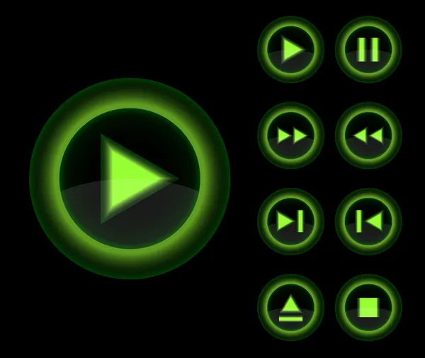 Ensemble de boutons vert lecteur 3D brillant vectoriel . — Image vectorielle