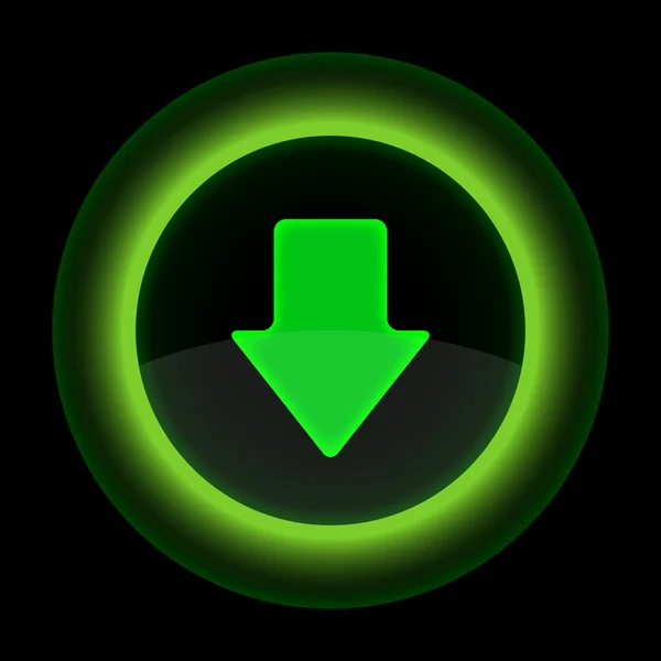 Groene glanzende internet knop met pijl downloaden symbool — Stockvector