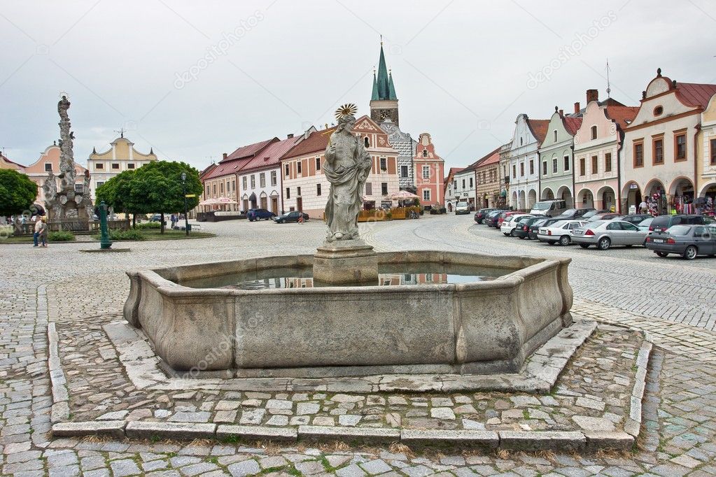 Telc - The Main Square with Fountain. Czech Republic