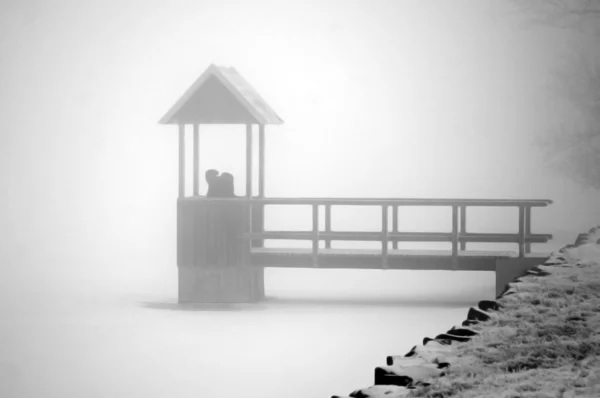 Osoba w Budzie (ciemny, mglisty i zimny zewnątrz sceny) — Zdjęcie stockowe