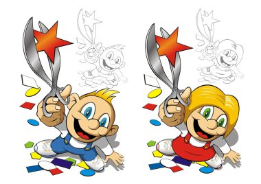 Boy and girl with scissors clipart