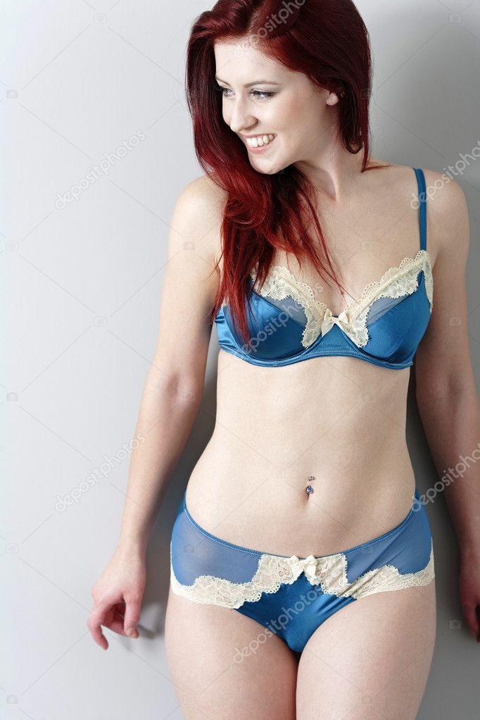 Beautiful Woman In Blue Underwear, Smiling Stock Photo, Picture and Royalty  Free Image. Image 65638585.