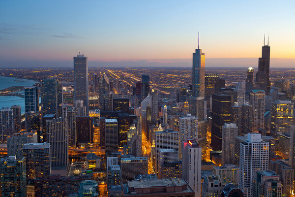 Aerial view of Chicago downtown at twilight from high above.