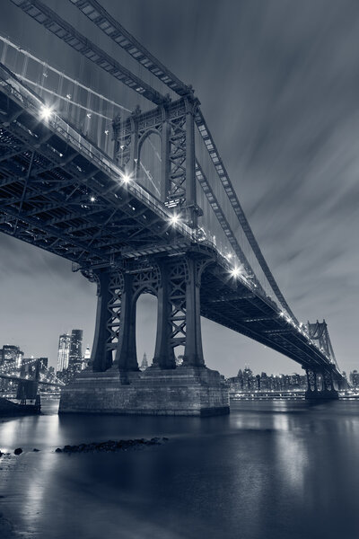 Image of MAnhattan Bridge with Brooklyn Bridge and Manhattan skyline in the background.