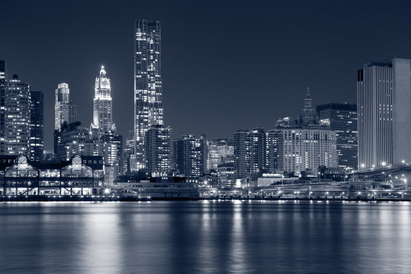 Image of Lower Manhattan skyline at night.
