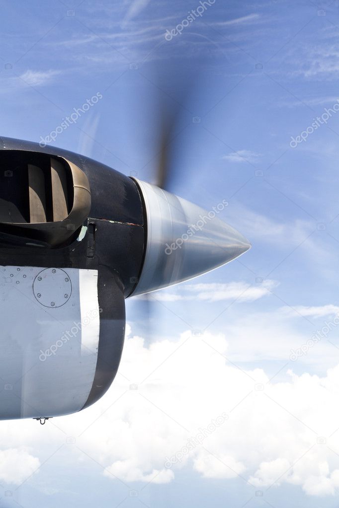 Close up of a turboprop engine in flight