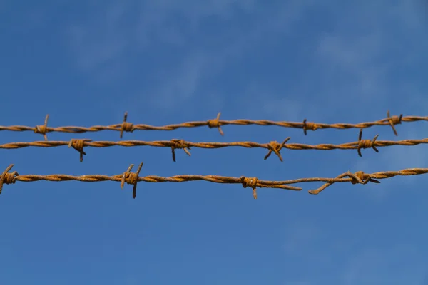 空に対して錆びた有刺鉄線の 3 つの鎖 — ストック写真