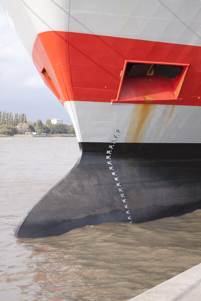 Ship bow showing loading guage and anchor
