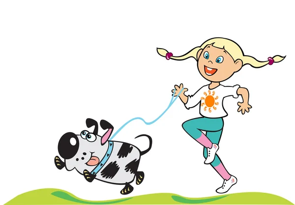 Running little girl with dog — Stock Vector
