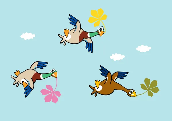 Pato volador sosteniendo hojas — Vector de stock