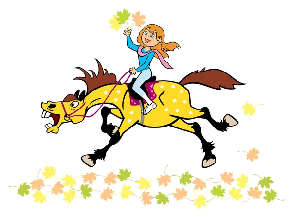Bambina con cavallo autunno tempo — Vettoriale Stock