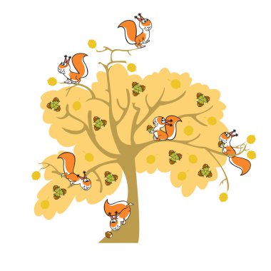 Autumnal nut tree with squirrels clipart