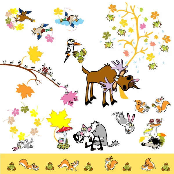 Hravé podzimní obrázky se zvířaty — Stockový vektor