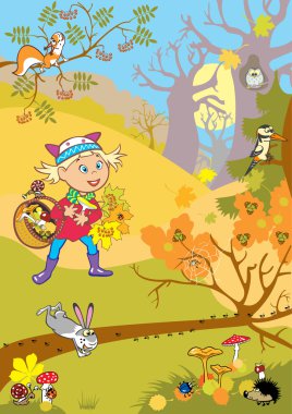 Little girl in autumnal forest clipart