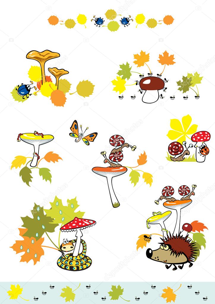 Set of mushrooms with little forest creature
