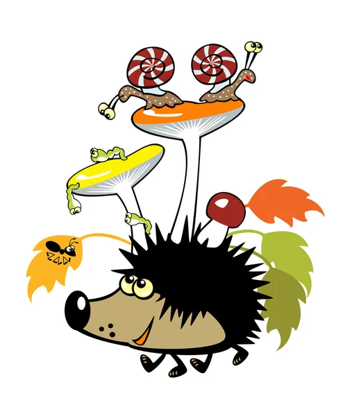 Ежик с грибами и маленьким существом — стоковый вектор