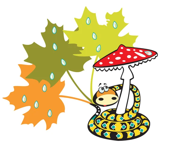 Ular dengan jamur dan daun musim gugur - Stok Vektor