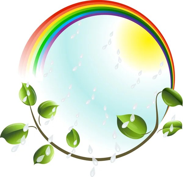 Eco concept. Rainbow with green leaves branch. — Stock Vector