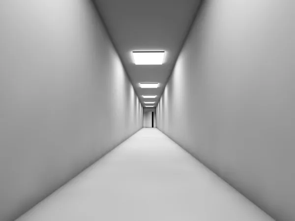 Длинный белый коридор с дверью в конце . — стоковое фото