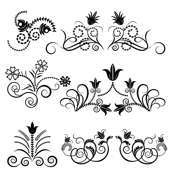 Black and white floral design vector set. — Stock Vector