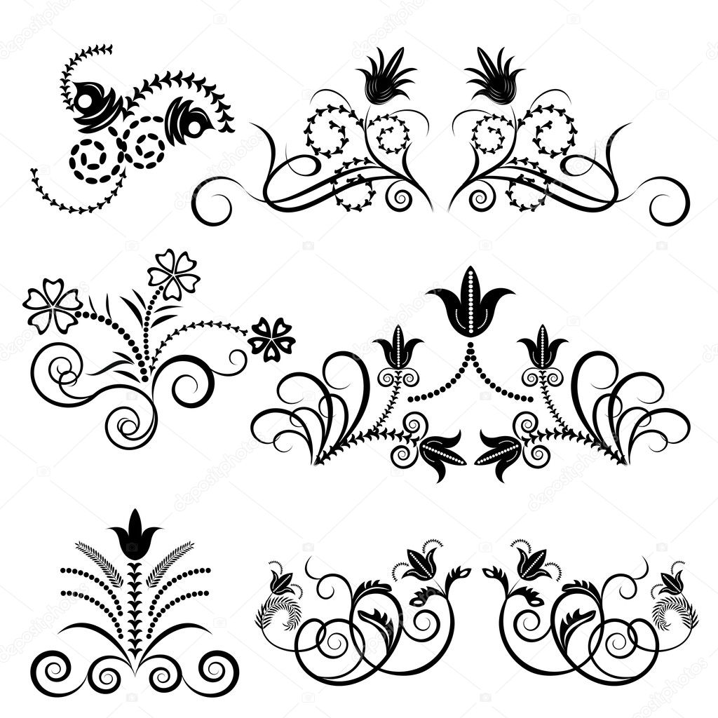 Black and white floral design vector set.