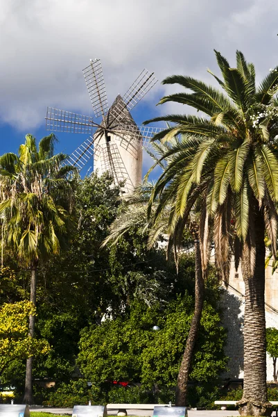 На фотографии изображена традиционная ветряная мельница в Пальма-де-Майорка, Испания . — стоковое фото