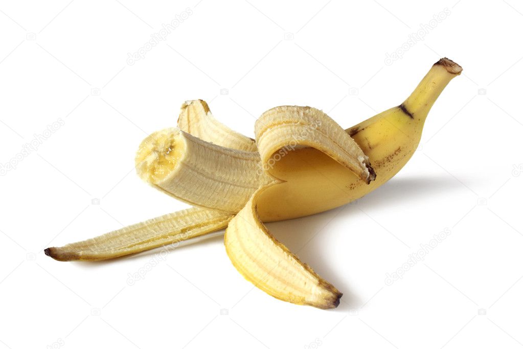 Ripe yellow bitten banana isolated on the white
