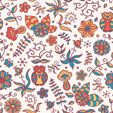 Seamless texture with flowers and owls on light-coloured background clipart
