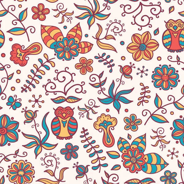 Texture sans couture avec fleurs et hiboux sur fond clair — Image vectorielle
